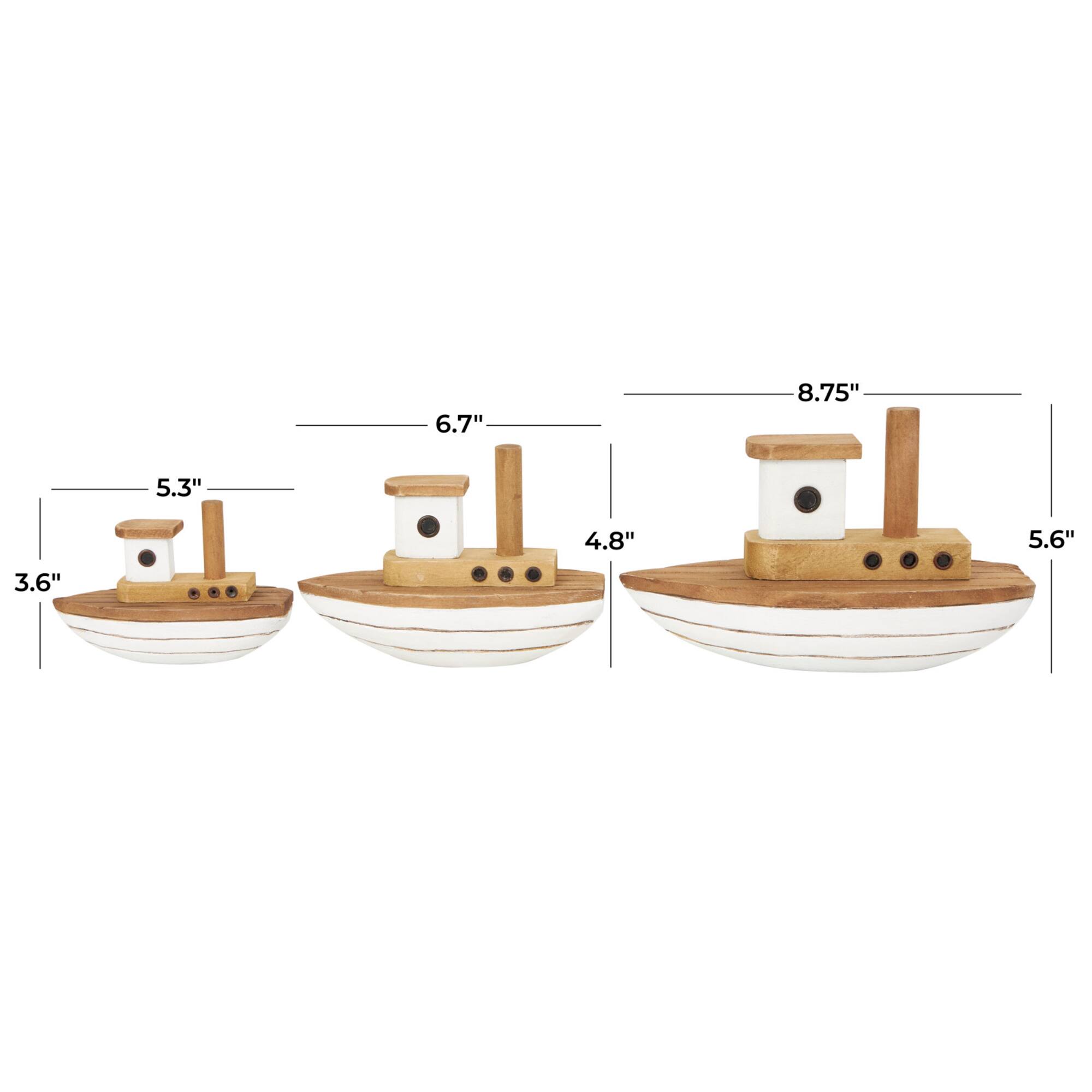 Brown & White Handmade Wood Boat Sculpture Set